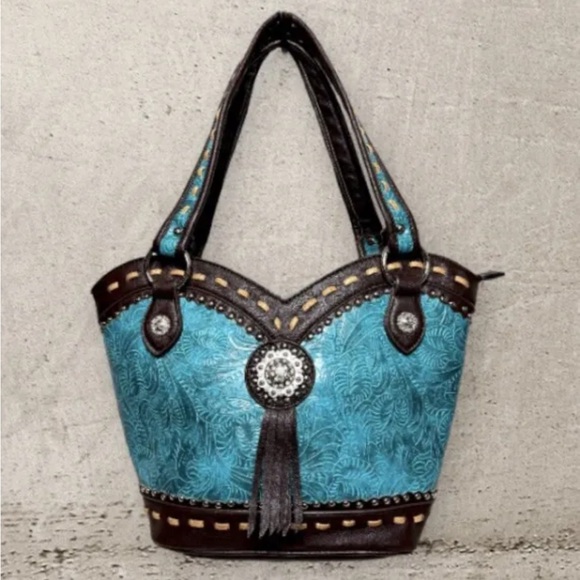 Turquoise Brown Soft Leather Carry Conceal Pocket Western Purse NIP - Picture 2 of 8